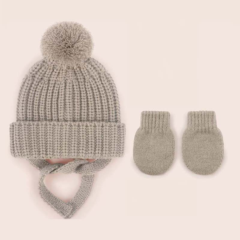 2Pcs Baby Strickmützen Handschuhe Niedliche Kinder Haarballenmütze Gehörschutzkappe Herbst Winter Einfarbig Säugling Outdoor Zubehör Set