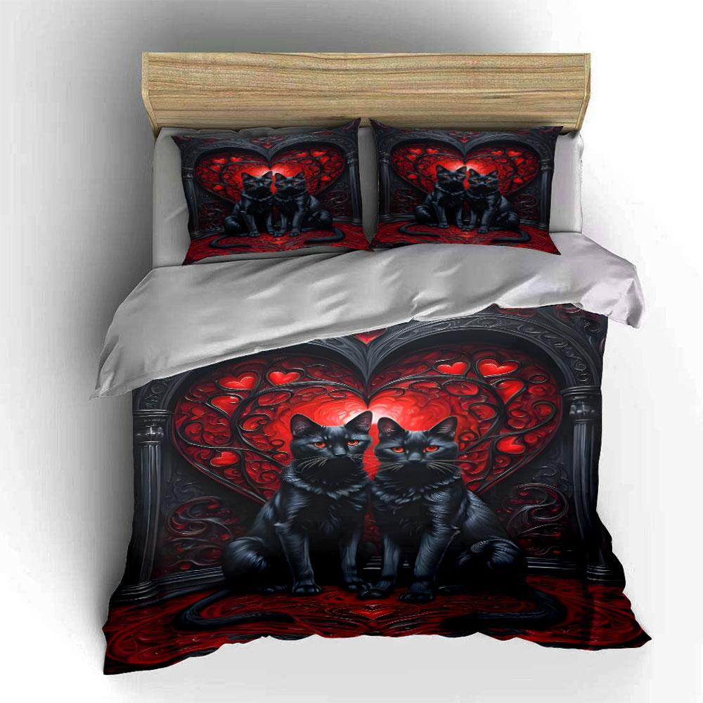 Black Cats with Gothic Hearts Bedding Duvet Cover Set (1*Duvet Cover 2*Pillowcases, without duvet insert)