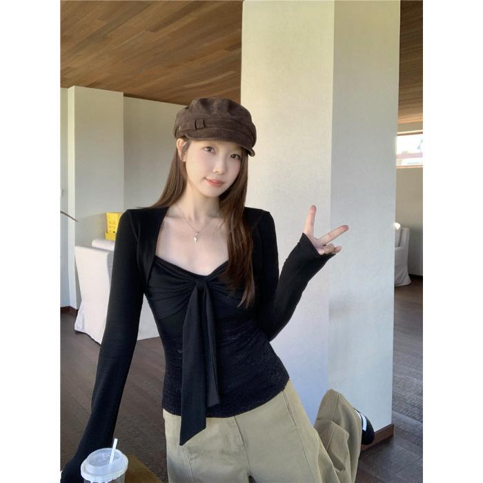 

2025 Autumn/Winter High-End Bow Long Sleeve Lace Cinched Waist Slimming Top for Women Medium