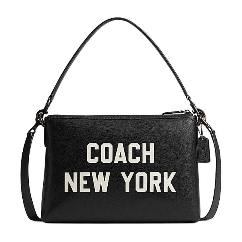 COACH Relay 34 branded pattern zipper closure, cow leather, hand-held crossbody bag, large size, unisex couple style, black чёрный