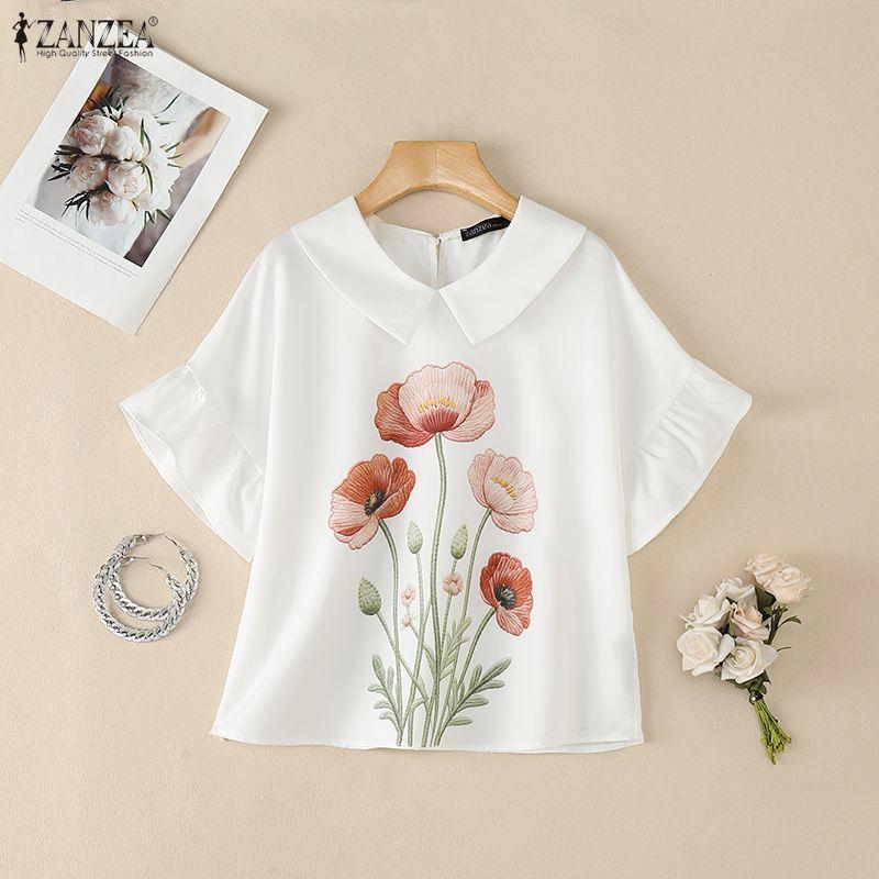ZANZEA Women Floral Print Casual Turn Down Collar Looose Summer Short Sleeve Blouse