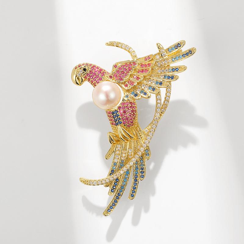 Bo Xin Yun Luxury Parrot Brooch with Zircon, Freshwater Pearl, and Agate