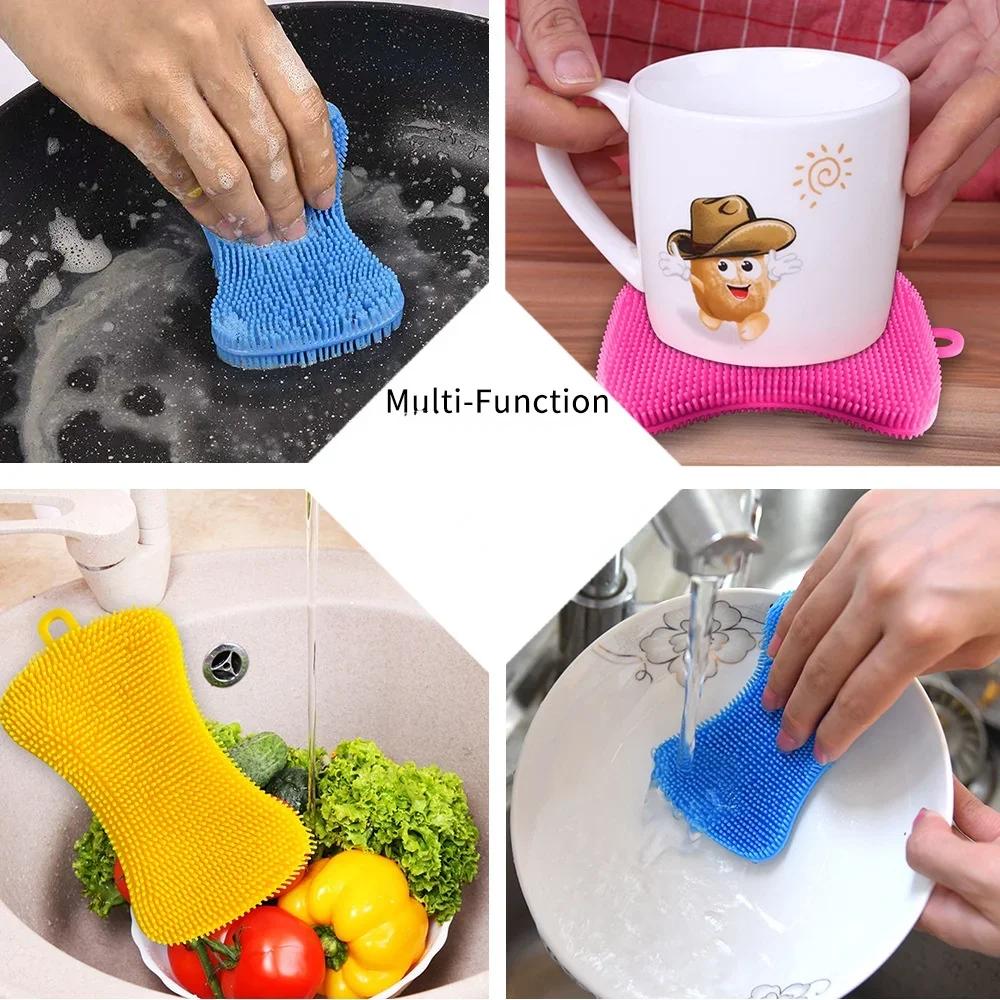3pcs Kitchen Cleaning Brush Washing Cleaning Brushes Pot Pan Sponge Scrubber Fruit Vegetable Dish Silicone Dishwashing Brush