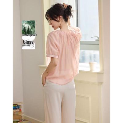 Demana Summer Sweet Style Tencel Blend Ruched Round Neck Blouse