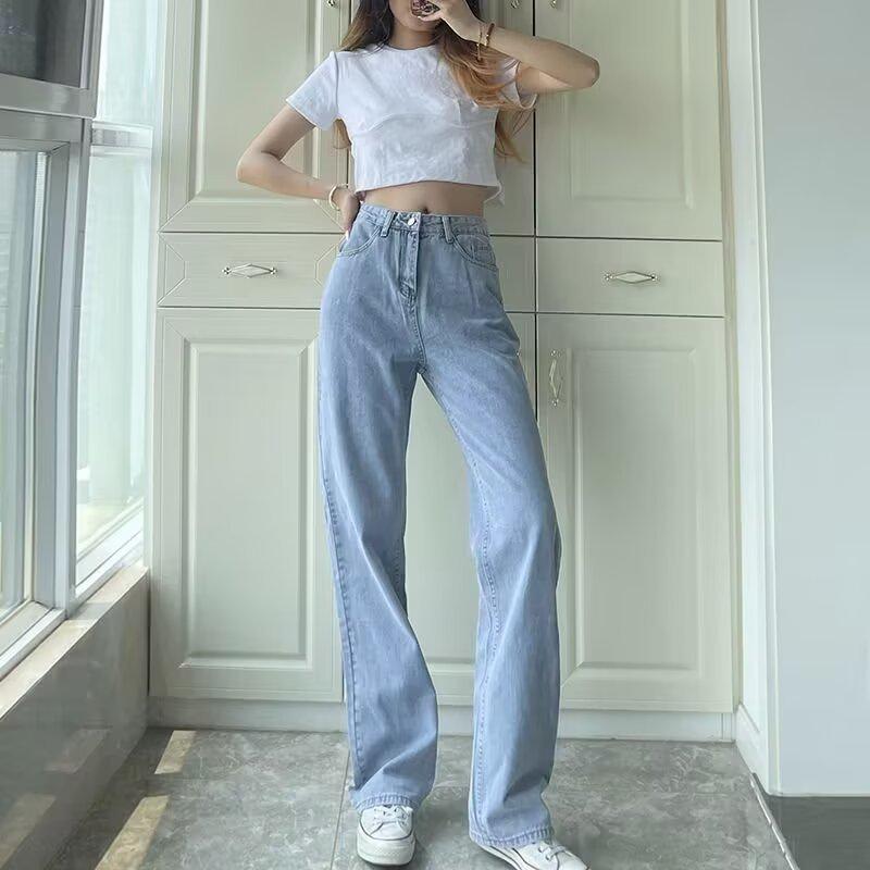 

Джинсы больших размеров с высокой посадкой и широкими штанинами для женщин - Весна, Лето, Осень, Прямые, Длина в пол, Укороченные брюки для миниатюрных M синий