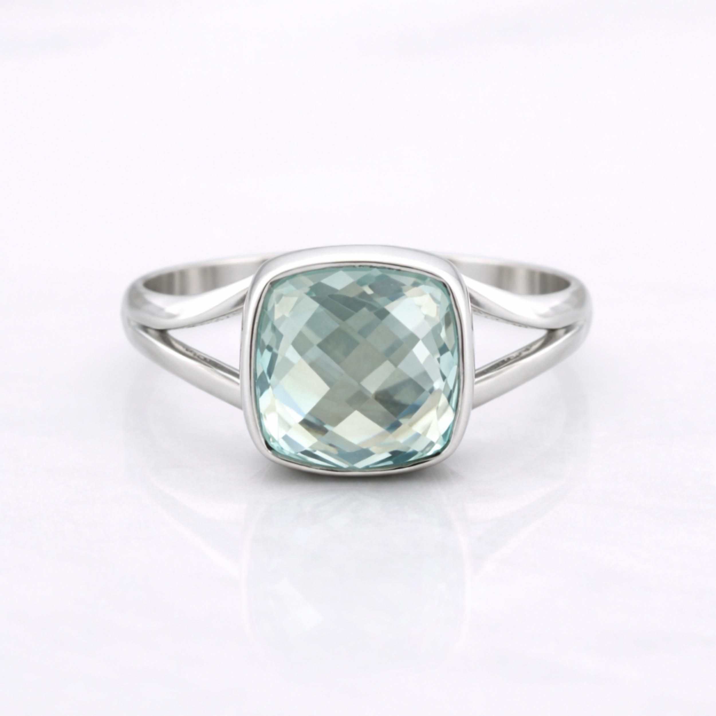 

Кольцо из стерлингового серебра 925 пробы с аквамарином, Минималистичное кольцо-акцент с камнем огранки кушон , Ручная работа, Бохо-украшения с драгоценными камнями 4 серебряный