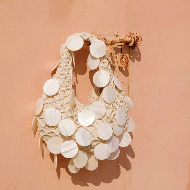 

Handwoven Hollow out Beach Countryside Vacation Style Handbag Shiny Beads Clutch Mommy-Child Bag Bucket Shape Soft Texture about22x4x32cm