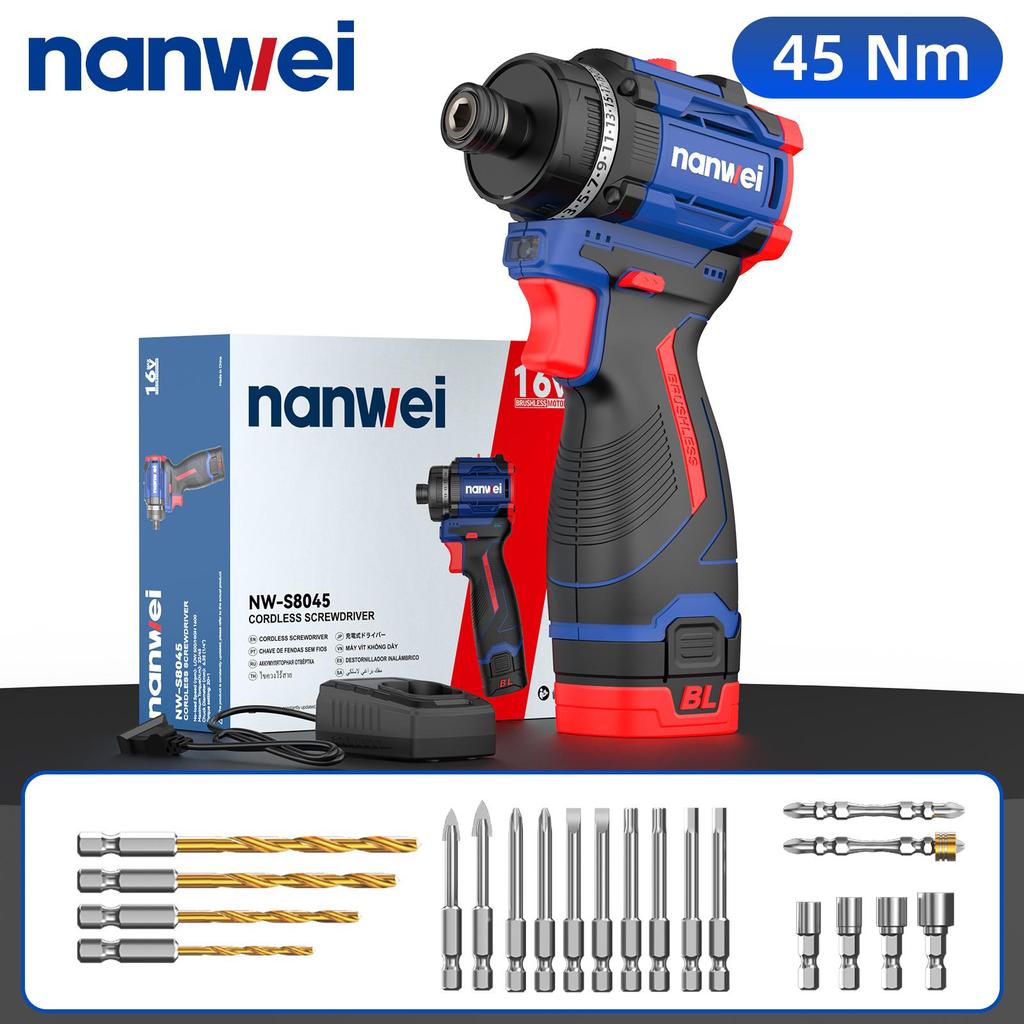 NANWEI 45 Nm 1/4 Inch Electric Screwdriver, 2-speed Adjustment, 500/1600 Rpm