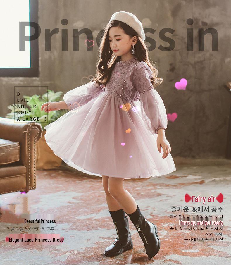 Korean Style Girls' Lace Princess Dress, Spring/Autumn 2024 - Long Sleeve, Puffy Tulle One-Piece