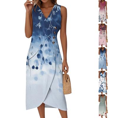 Damen Casual V-Ausschnitt Frühling/Sommer Ärmellos Knopf Retro Print Kleid