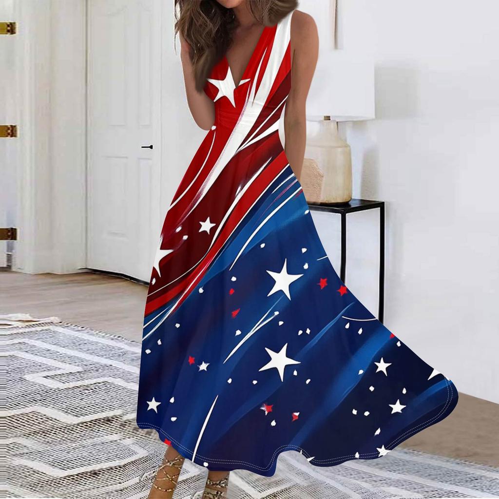 Women's Fashion Casual Loose V Neck Sleeveless Independence Day Printed Long Dresses