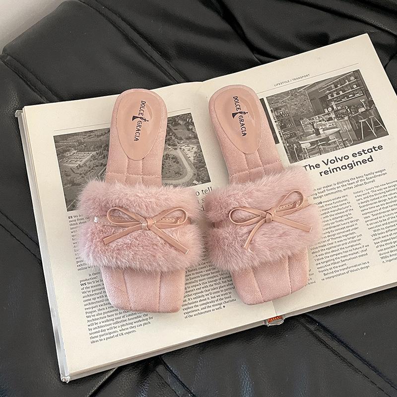 Autumn and winter fashion retro bow wedge heel fluffy slippers simple word casual outer wear women's cotton mop