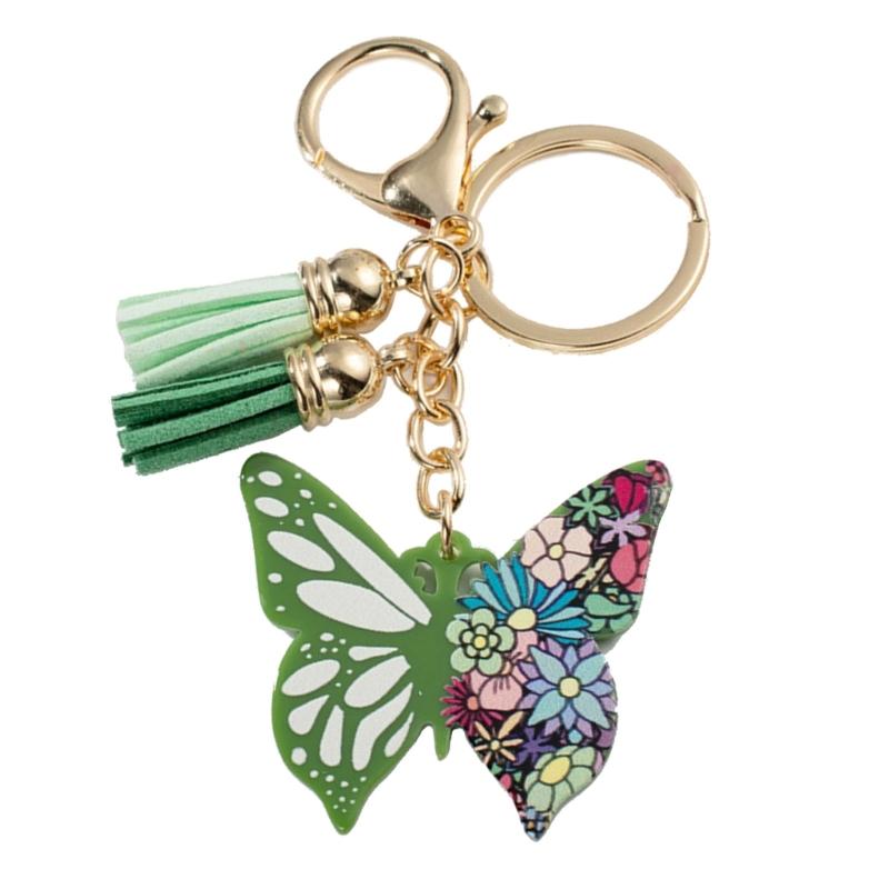 

Cute Alloy Heart Buckle Keyring Small Fresh Acrylic Colorful Butterflies Tassels Keyholder Bag Pendant for Women