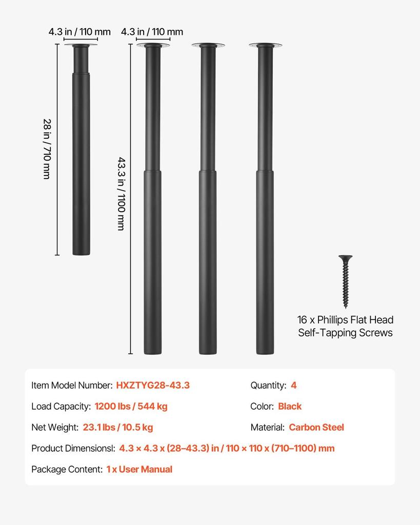 Adjustable Table Legs, 710-1100 Mm Steel Furniture Legs, 544 Kg Max Load Heavy Duty, Quick Installation, Ideal for Home Office Desk DIY, Coffee Dinner