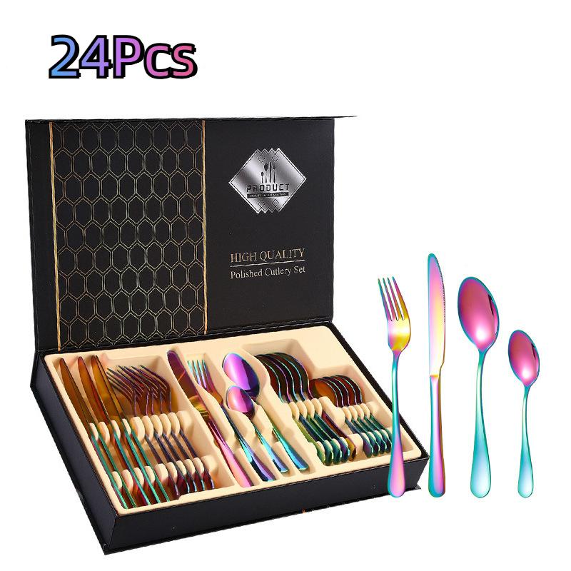 Edelstahl-Besteck 24-teilig Western-Besteck Steakmesser Gabel Löffel Geschenkbox Besteckset