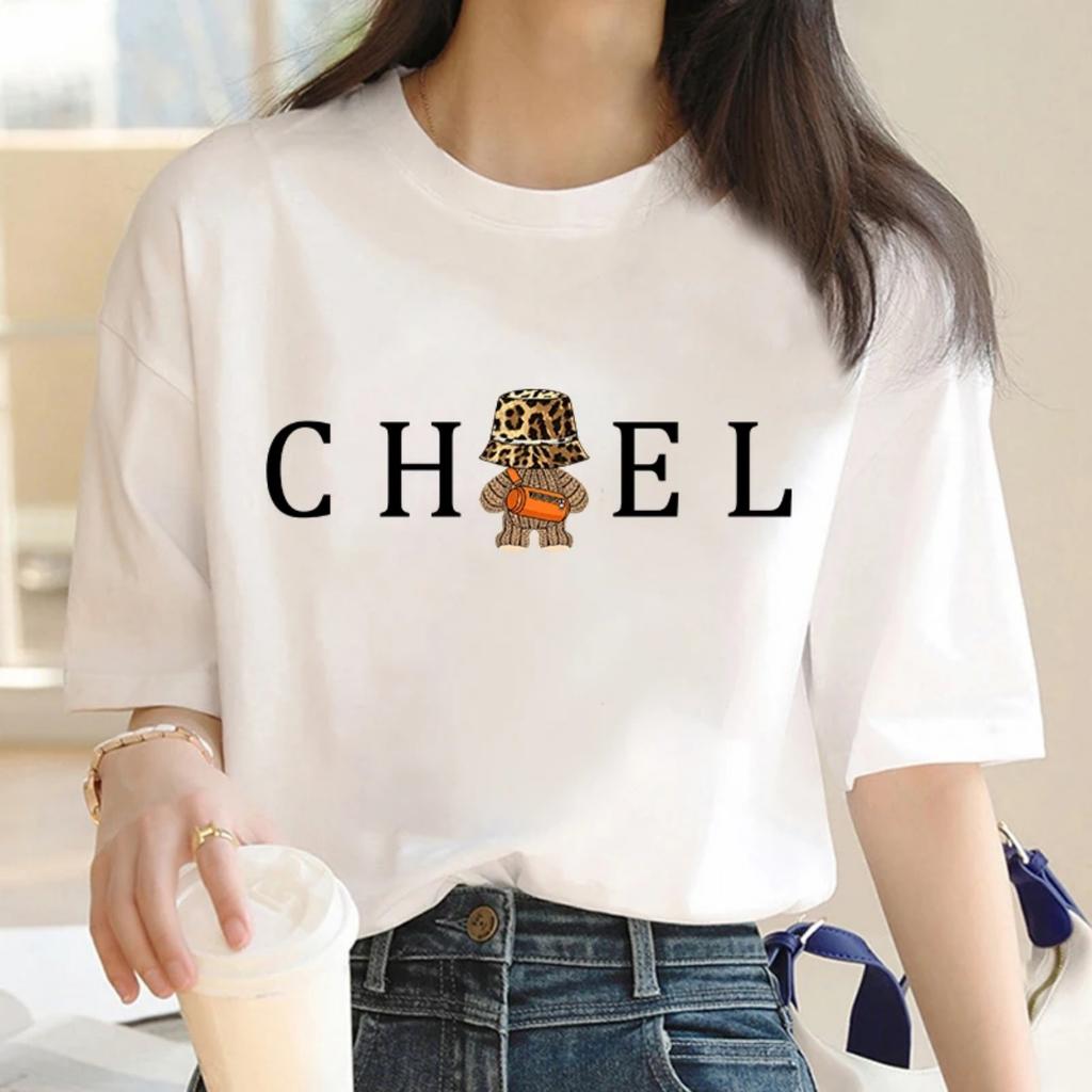 2025 Summer Luxury Brand Tshirt Women's Backside Bear Printed T-shirt Short Sleeve Shirt Solid Color Y2K Street Clothes S-7XL