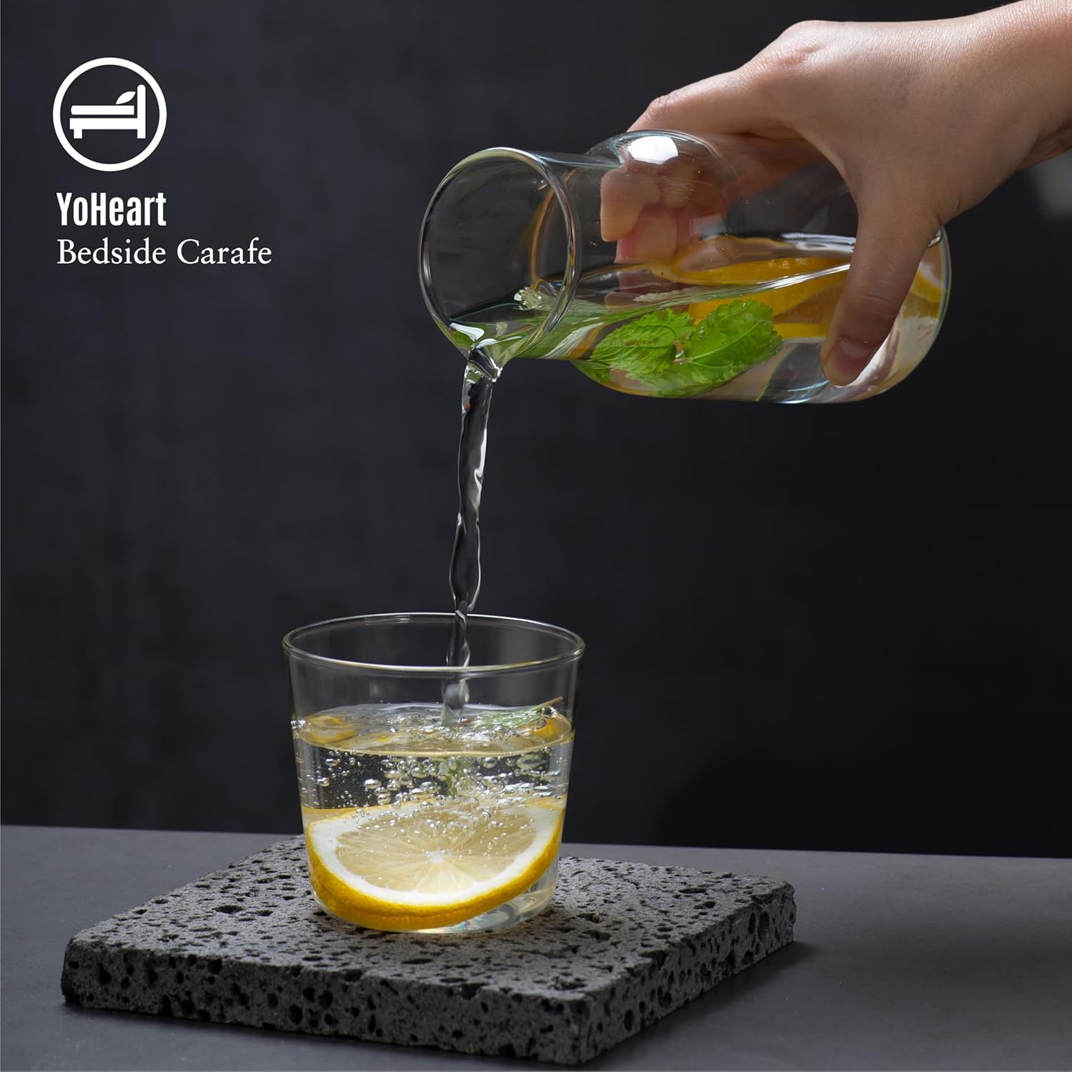 Bedside Carafe and Glass Set - 550ml Clear Glass Juice Pitcher with Cup, Night Carafe for Bedroom Nightstand, Wooden Pallet Included