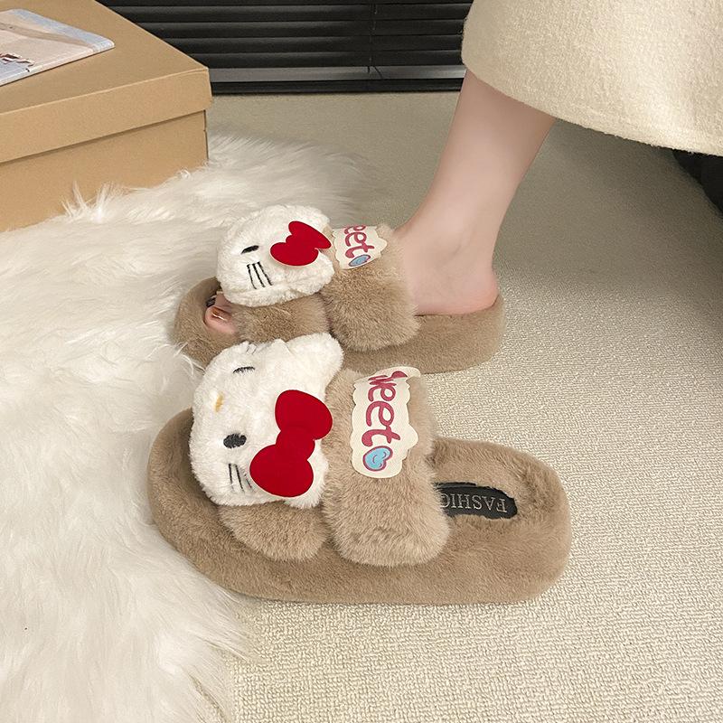 Apple green Kitty cat fluffy slippers girl autumn and winter lazy person wearing versatile thick-soled cotton slippers