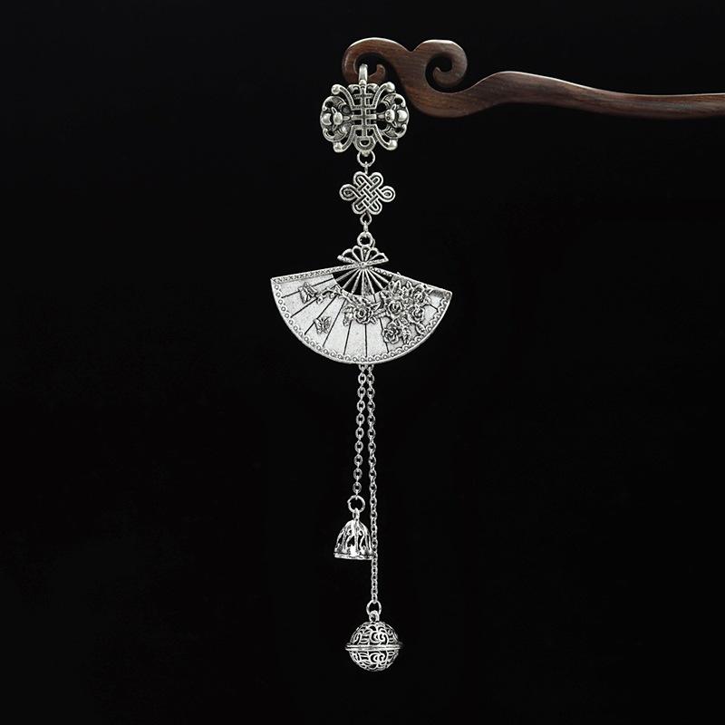 Classical Chinese Plum Blossom Fan Cheongsam Button Bell Fringed Pendant Tibetan Silver Pendant Female Hanfu Miao Silver Accessories
