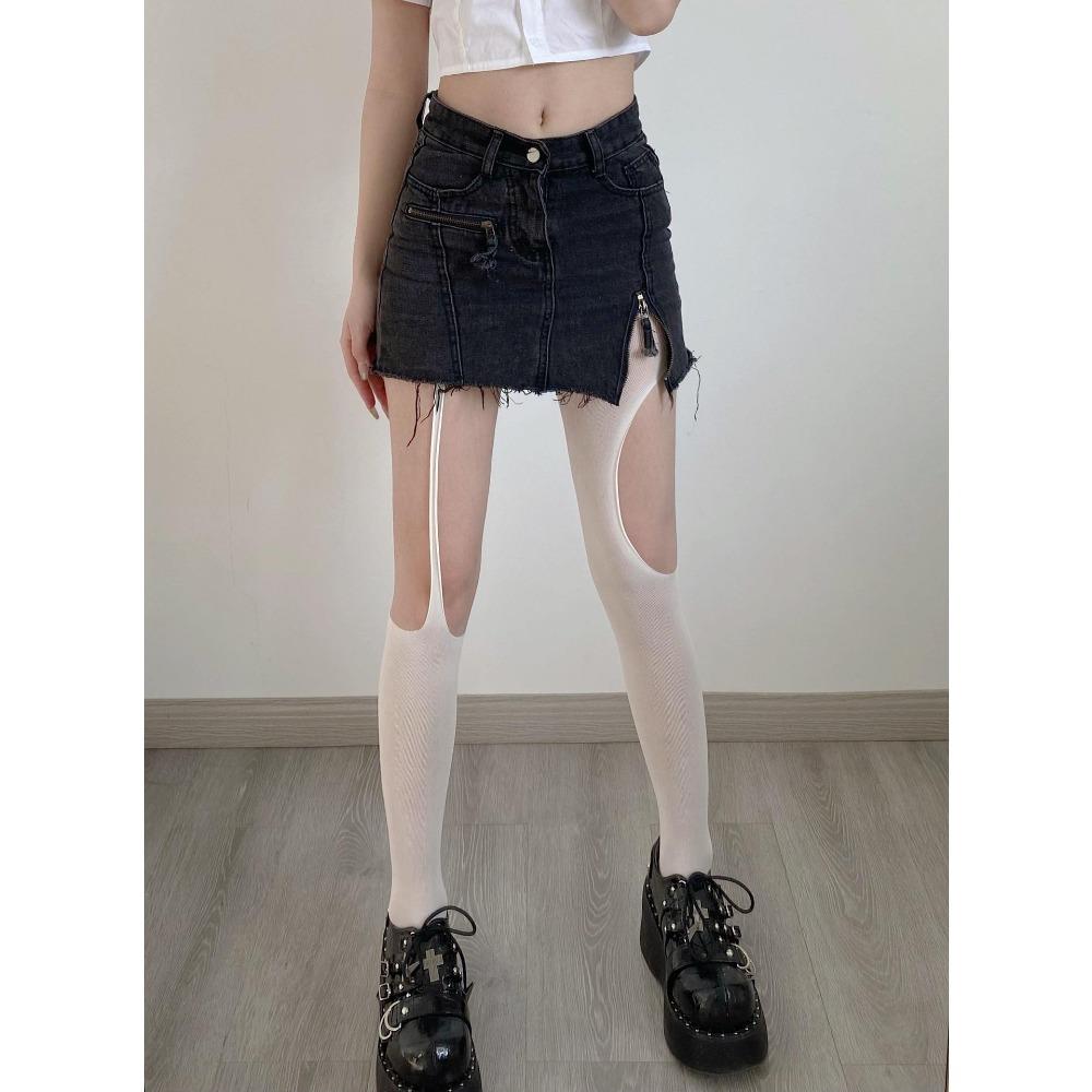 New Pure Desire White AB Asymmetrical Suspender Hole Socks Thin Black Silk Diablo Pantyhose Pure Desire