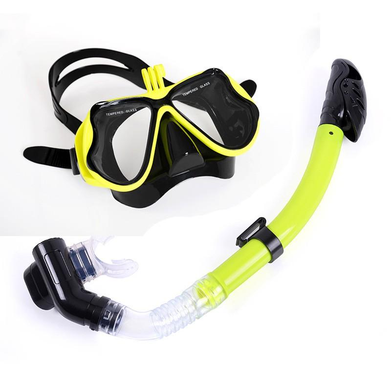 Adult Gopro Compatible Tempered Glass Snorkel Mask Set Full Dry Scuba Diving Swimming