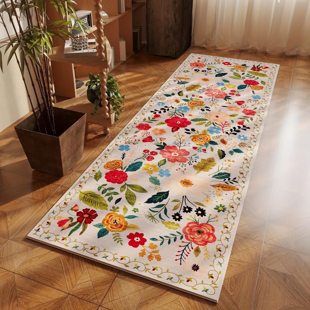 Premium Floral Bedroom Runner Rug, Soft Machine Washable Kitchen Mat - Non-Slip Indoor Doormat for Entryway, Laundry, Bathroom, Kitchen & Living Room