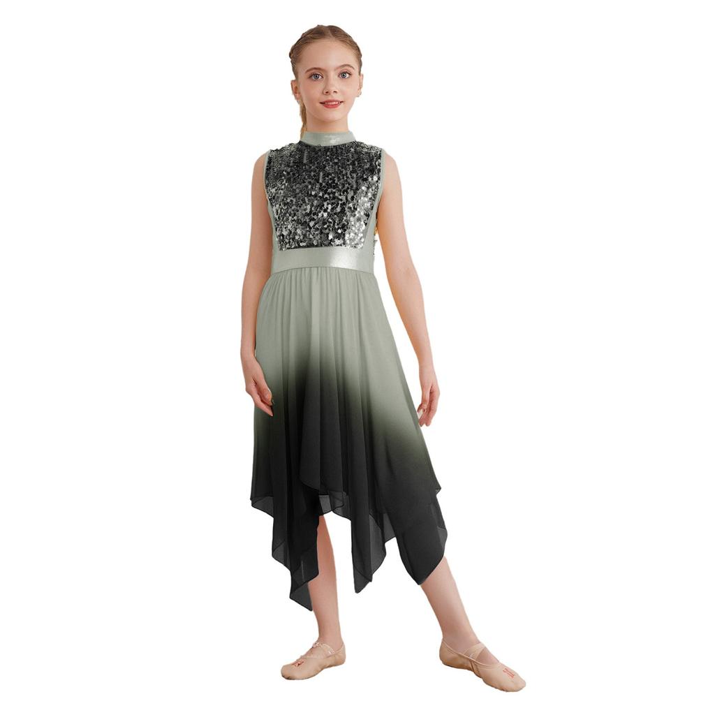 Girls Liturgical Dance Dress - Sleeveless Mock Neck Tunic with Asymmetrical Hem & Shiny Sequins for Worship Performance