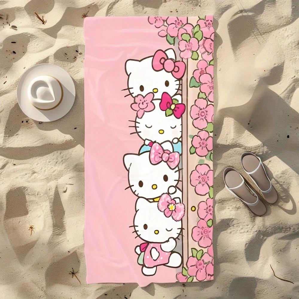 Hello Kitty Beach Towel Cartoon Flower Print Microfiber Quick Dry Bath Towel Oversized Absorbent Beach Blanket
