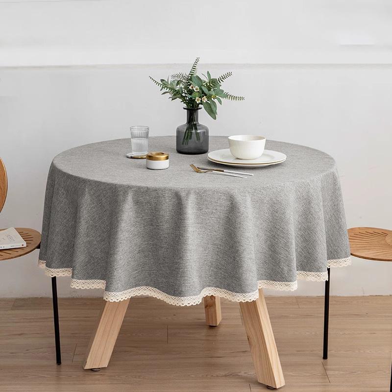 Round Faux Linen Tablecloth With Lace Trim Waterproof Oil And Stain Resistant For Banquets And Parties