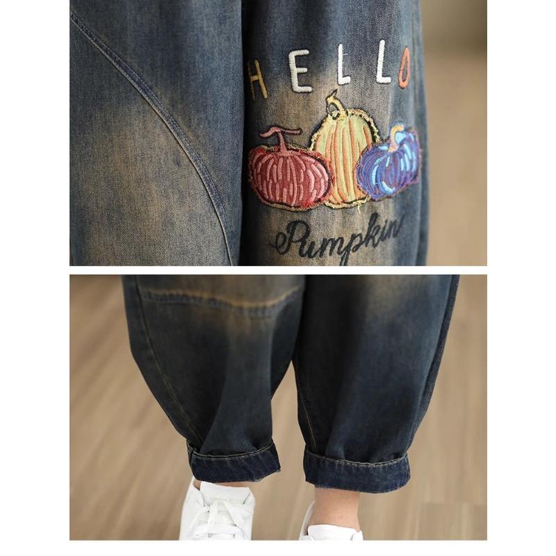 Dámské džíny s barevnou výšivkou Volné harémové kalhoty Elastické Plus size Retro džíny