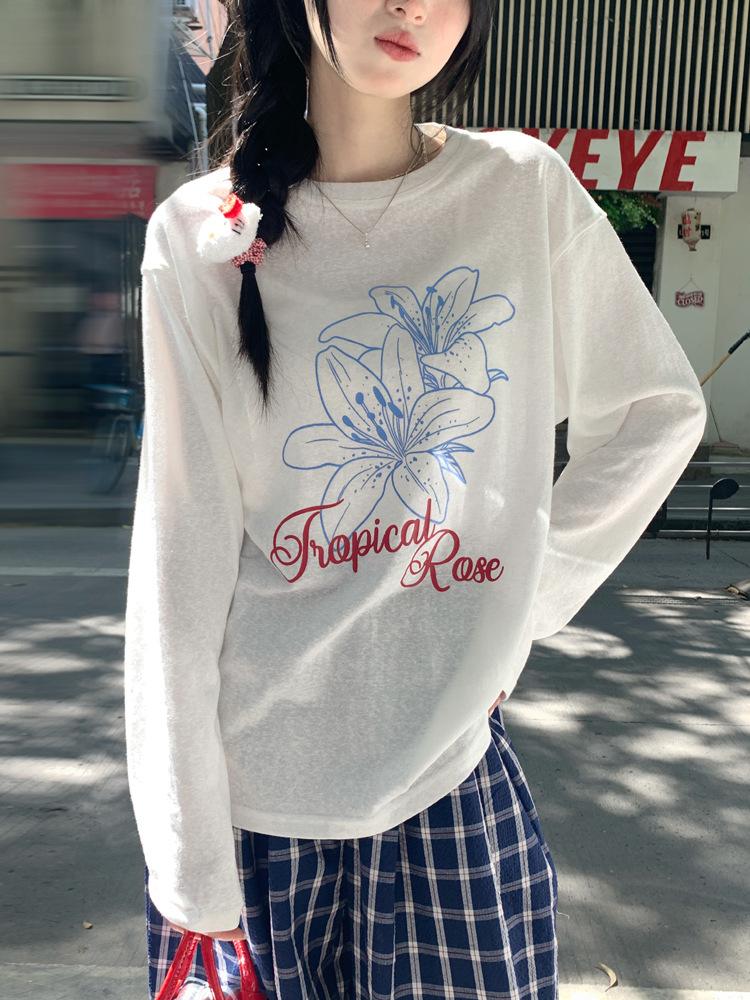 Casual Lazy Wind Sunscreen Blouse Top Summer Thin Loose Snowflake Cotton Long Sleeve Crew Neck T-Shirt Women's Air Conditioning Shirt