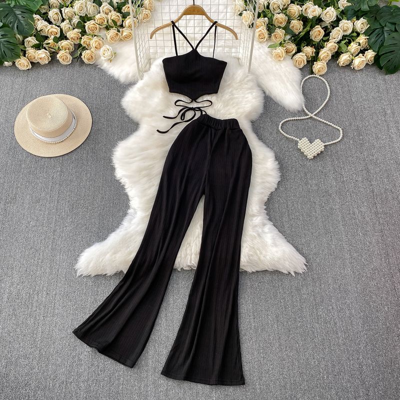 

Стиль Чистого Желания Сексуальный Короткий Топ-Жилет с Подкладкой на Груди на Завязках и с Вырезом на Шее + Узкие Расклешенные Брюки с Высокой Посадкой Комплект из Двух Предметов Black Two-piece set One size