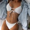 2 Pcs/Set Women Swimsuit Set Solid Color Spaghetti Strap Hollow Out Lace-up Backless High Waist Soft Quick Dry Lady Bechwear Bathing Suit