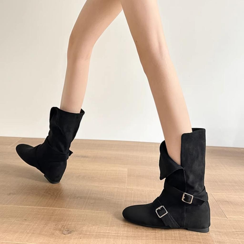 Retro belt buckle medium boots women's 2025 autumn and winter new thin and versatile western boots inner height increase Martin boots