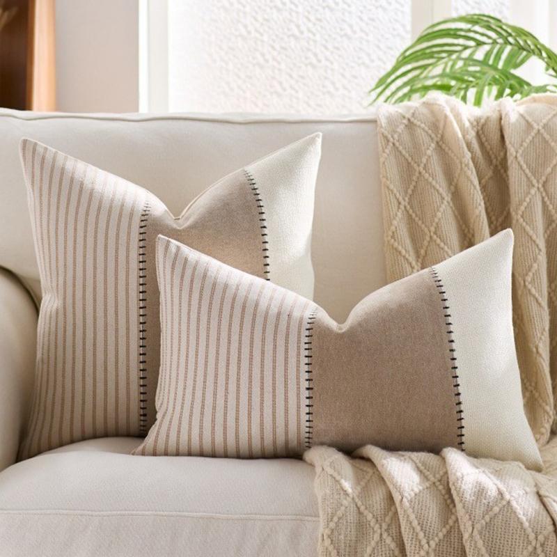 2PC Boho Cushion Cover, Stripe Cotton Patchwork Pillowcase with Hidden Zipper, Farmhouse Accent Throw Pillow Cover for Couch Bed