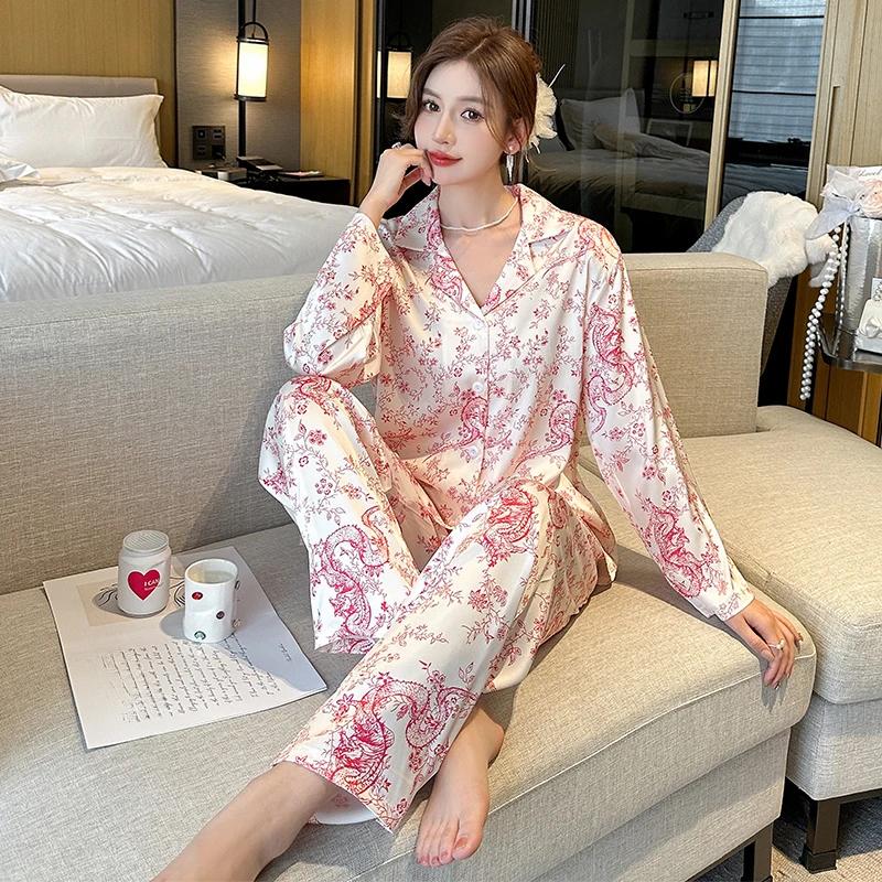 Chinese Auspicious Dragon Print Y2k Women's Pajamas Elegant Noble Trend Chic Home Nightgown New Autumn Fashion Homewear