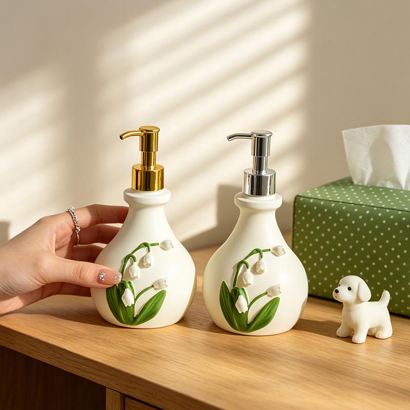 Modern White Ceramic Soap Dispenser Bottle Embossed Lily of the Valley for Bathroom Kitchen Sink Decor Housewarming Gift