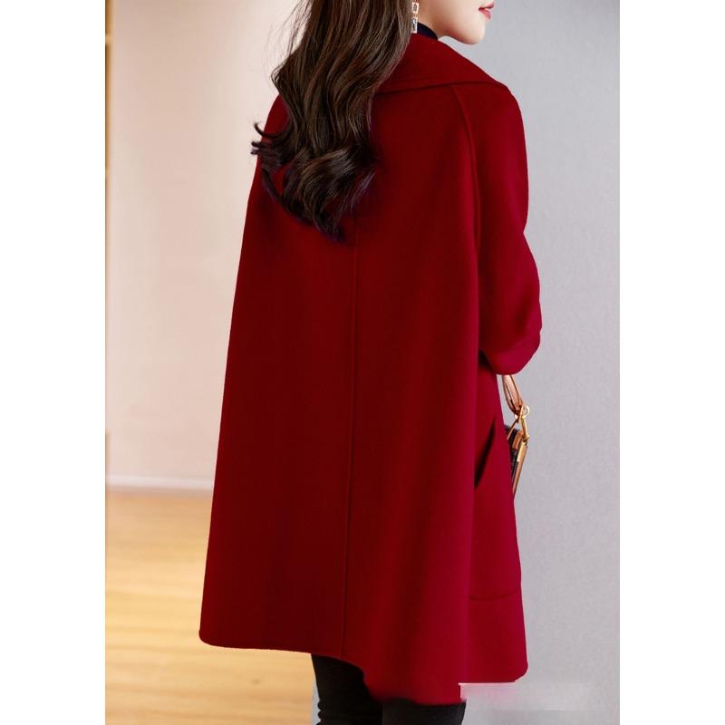 Casaco de Lã Vermelho Feminino Moda Inverno Slim Abotoamento Simples Trench Exterior de Alta Qualidade