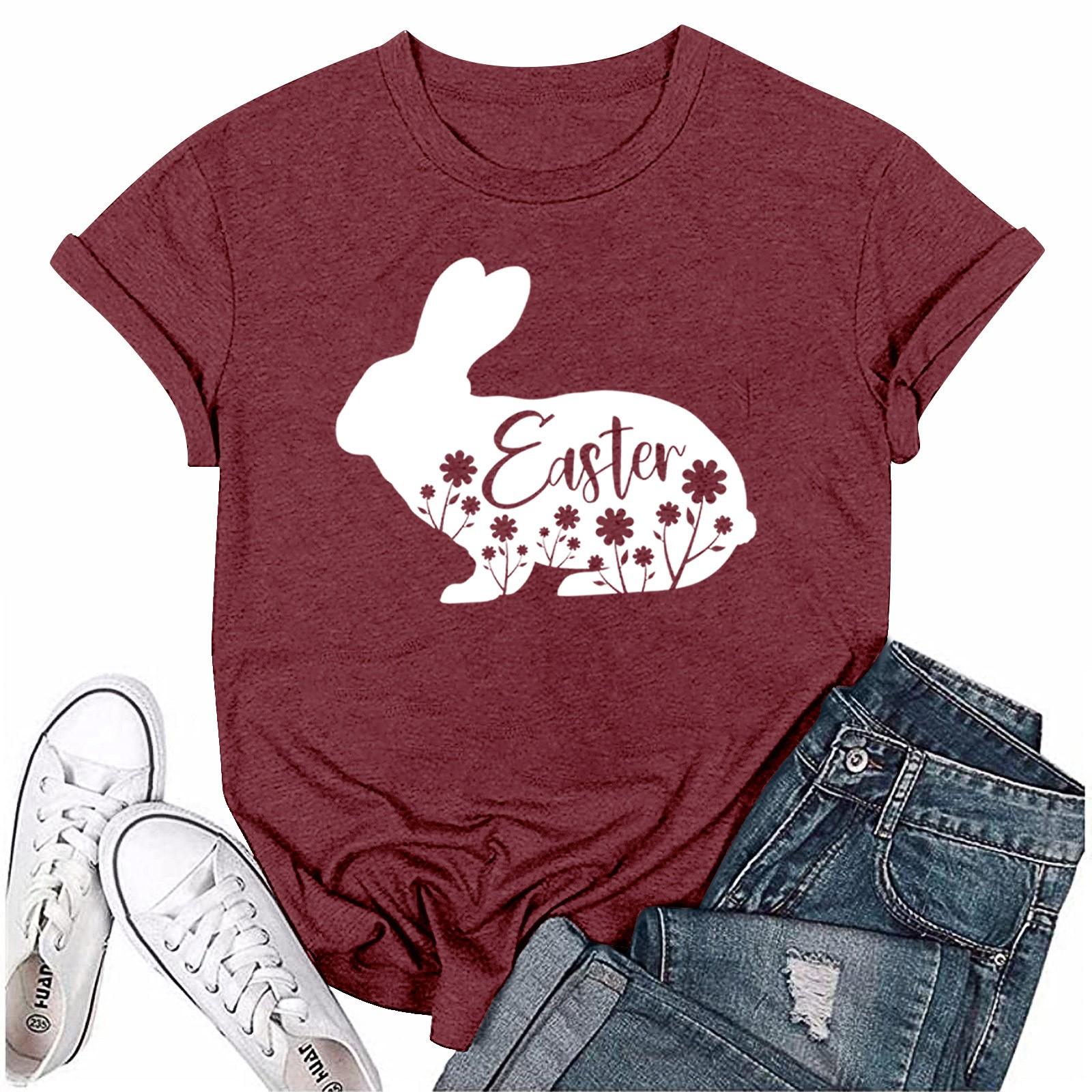 

Женская модная пасхальная принтованная повседневная плиссированная круглая футболка с коротким рукавом S винный