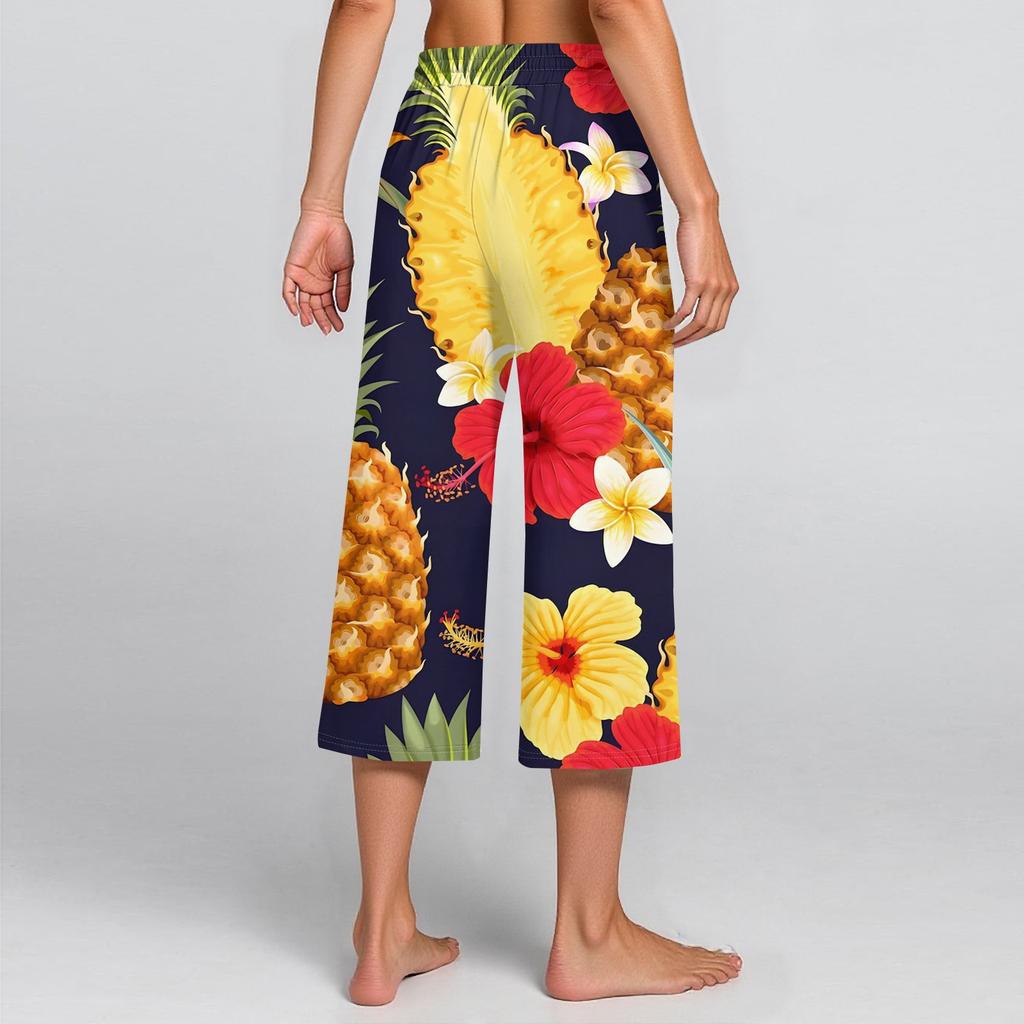 Damen Sommer Hohe Taille Bedruckte Freizeit-Sportbekleidung Lässige Cropped-Hose Weite Hose