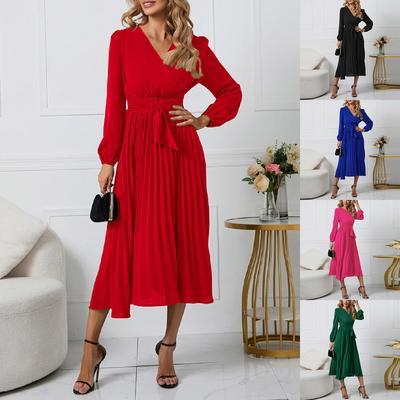 Γυναικείο Μονόχρωμο Μακρυμάνικο Στενό Φόρεμα με Πλισέ Ζώνη και Λαιμόκοψη V