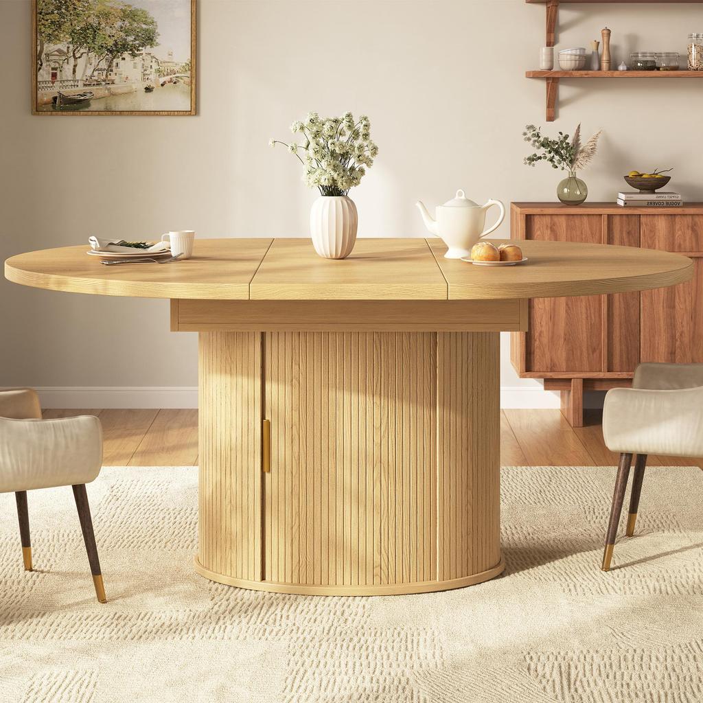 Tavolo da pranzo rotondo estensibile, tavolo da pranzo allungabile per 4-6 persone, con spazio contenitore, ante scorrevoli e 2 ampi scomparti, 120–160×120×75 cm