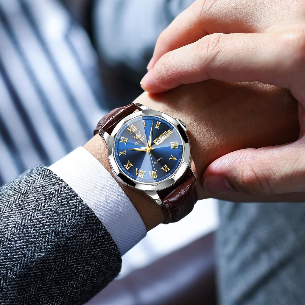 OLEVS Quartz Business Brown Leather Analogue Watch with Date and Day Stylish Blue Leather Men's Watch, Popular, Waterproof, Style, Strap, Display,