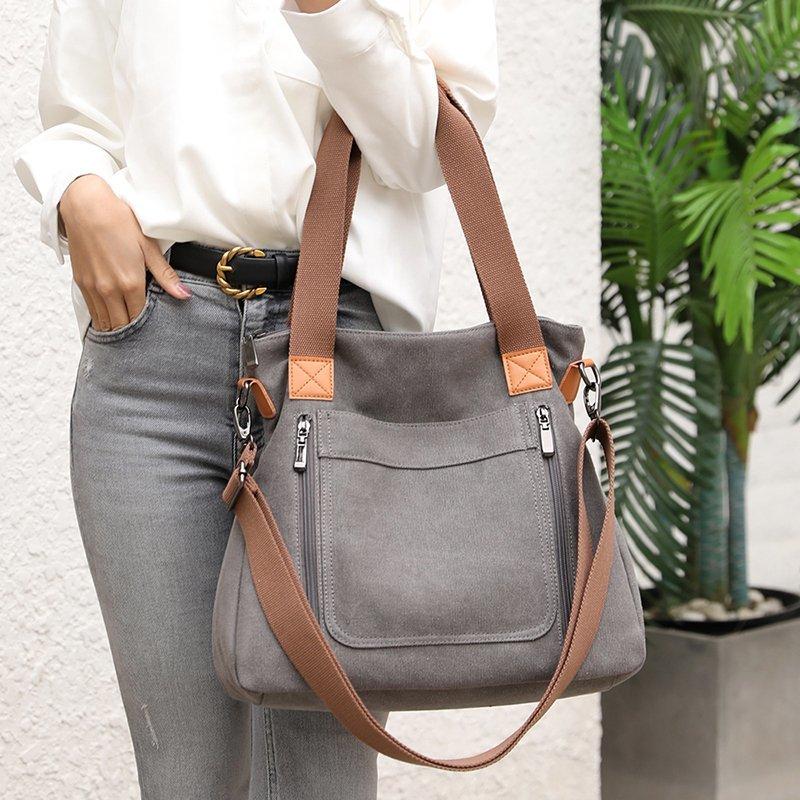 Solid Color Canvas Tote Bag, Large Capacity Crossbody Bag, Portable Travel Shoulder Bag