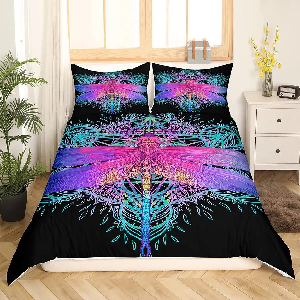 Bohemian Dragonfly King Queen Duvet Cover Mandala Paisley Bedding Set Tie Dye Trippy Gypsy Quilt Cover Polyester Comforter Cover
