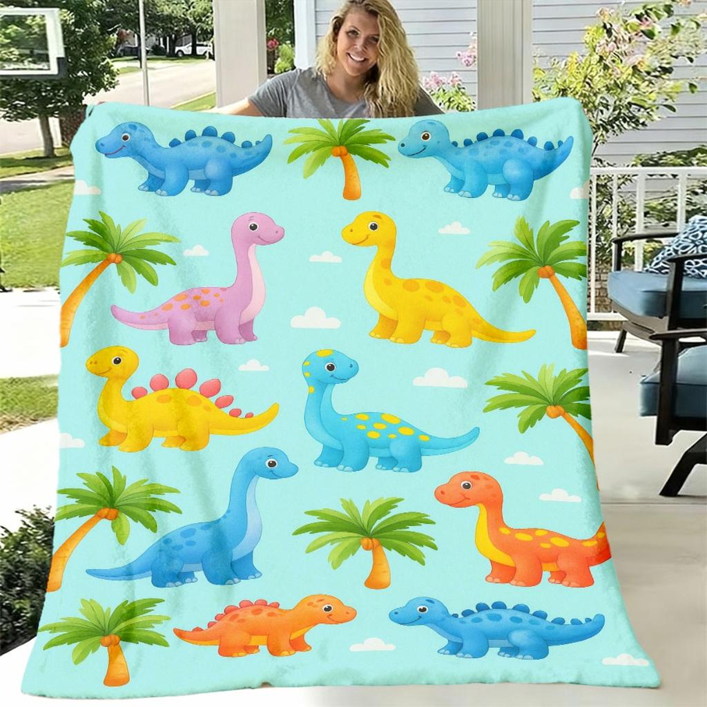 1pc Suige Home Cozy Cartoon Dinosaur Print Flannel Blanket | Soft & Warm All-Season Throw, Vibrant Dinosaur & Palm Tree Design, Versatile for Sofa, Be