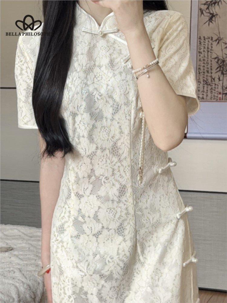 Čínské léto Tradiční čínské šaty Cheongsam Ženy Dívky Retro Qipao Bodycon Květinová bandáž Vintage módní dlouhé šaty