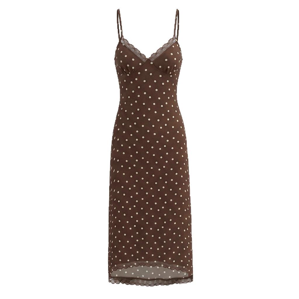 Popular spring new European and American temperament sexy polka dot V-neck lace suspender backless dress