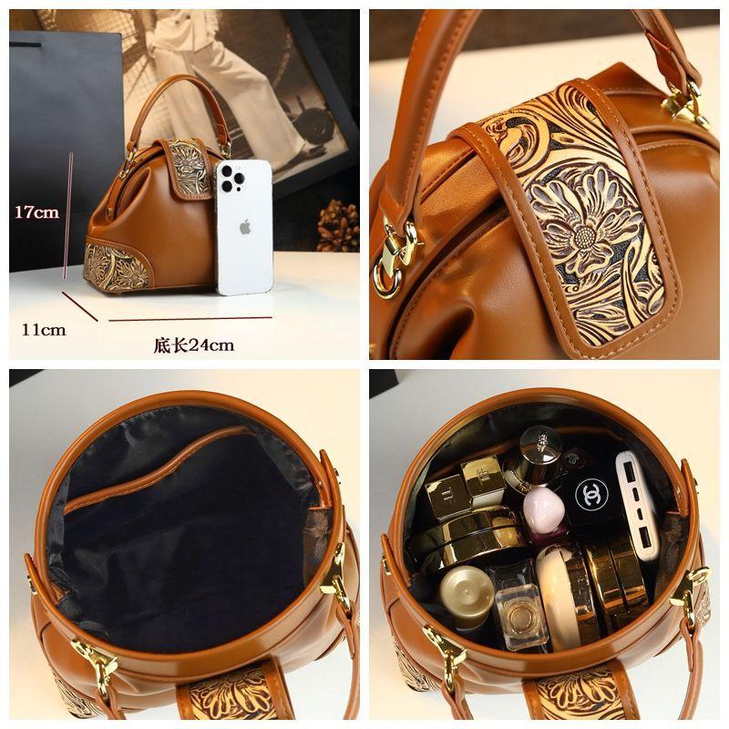 Leather Carving Small Bag Retro Atmosphere Dumpling Leather Women'S Bag Exquisite Shoulder Crossbody Handbag Women