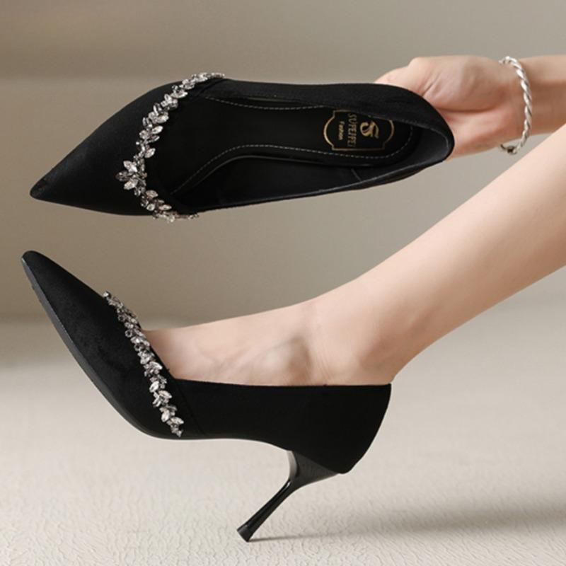 Women's Thin Heel Shoes Autumn New Pointed Head Shallow Mouth Crystal Anti-slip Wear-resistant Slip-on High Heels